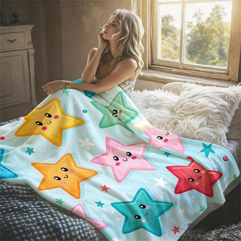 Cute Smiley Stars Flannel Blanket Warm Soft Halloween Christmas Decorative Couch Warm Cozy All-Season Gift