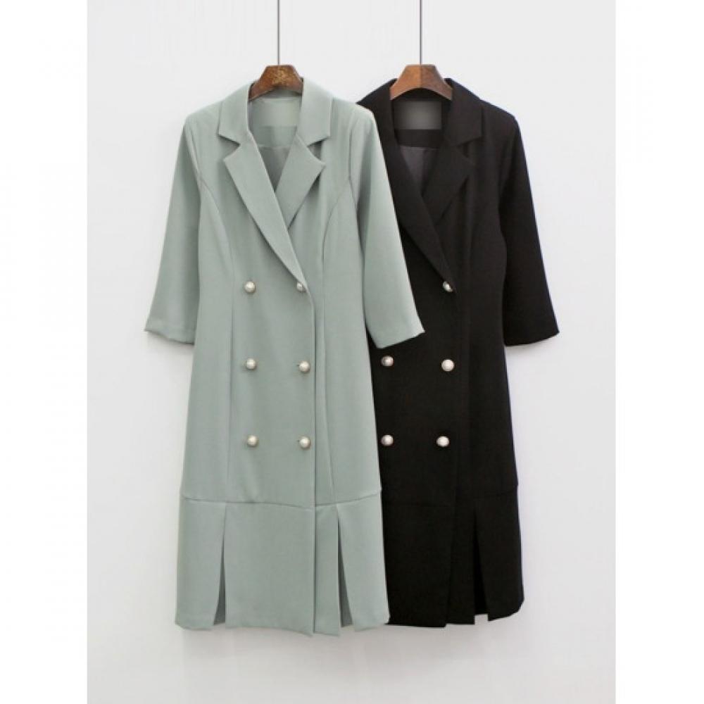 Style Latte Classic Double Pearl Button Pleats 7 8 H Line Dress