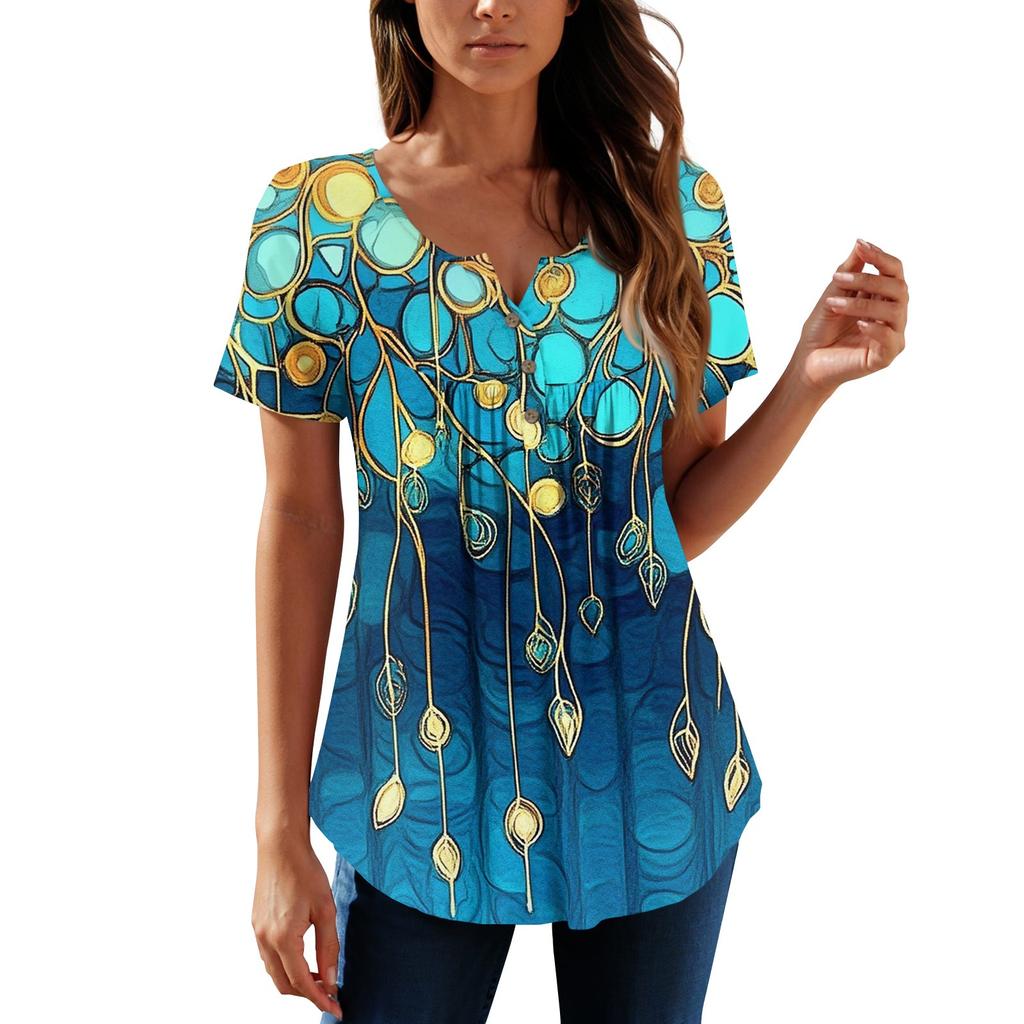 Women Tunic Tops Dressy Casual Summer Short Sleeve Shirts Loose Fit Pleated Boho Top
