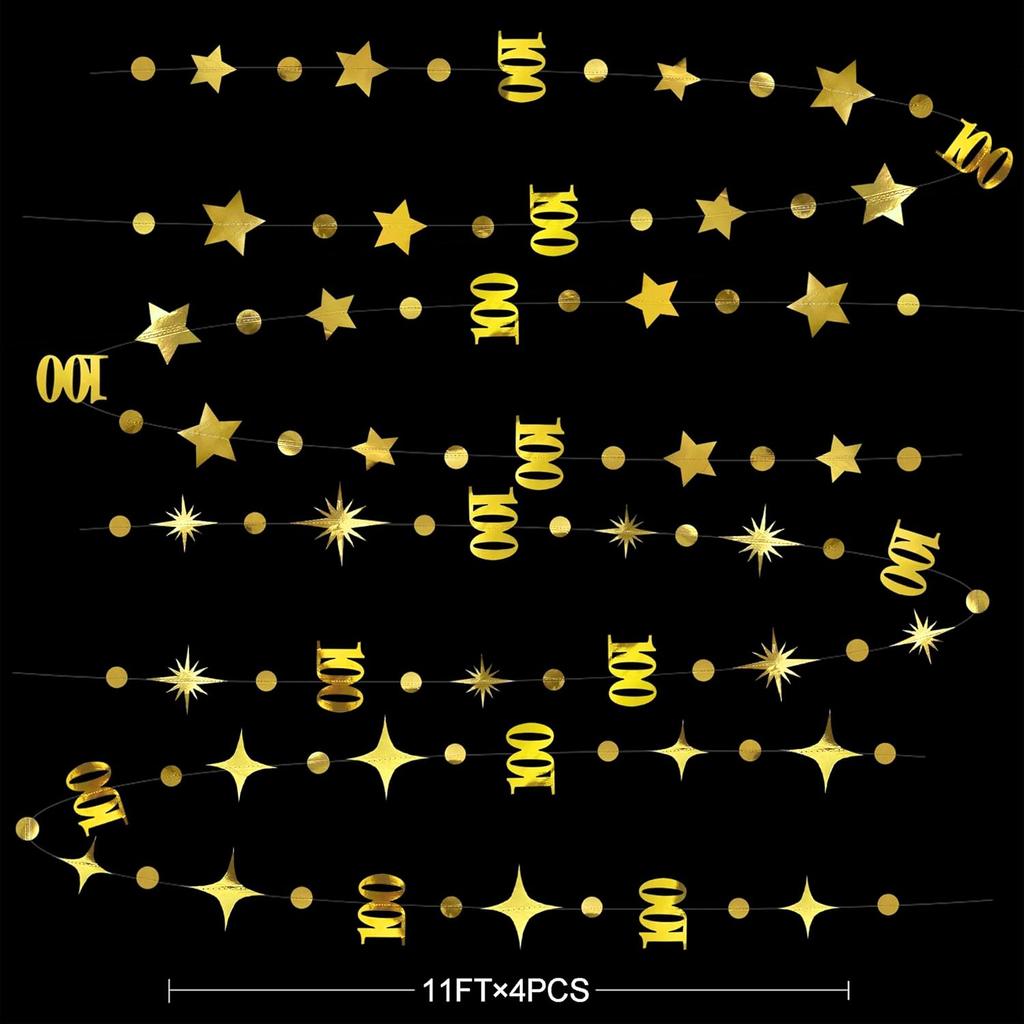 Gold 100th Birthday Decorations Number 100 Circle Dot Twinkle Star Garland Hanging Streamer Bunting Banner Backdrop for Women Mens 100th Anniversary