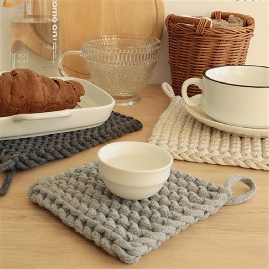Pot Holder, Kitchen Essential, Cotton, Heat Resistant Crocheted Potholder With Hanging Loops Square Hot Pads For Kitchen, Cooking And Baking