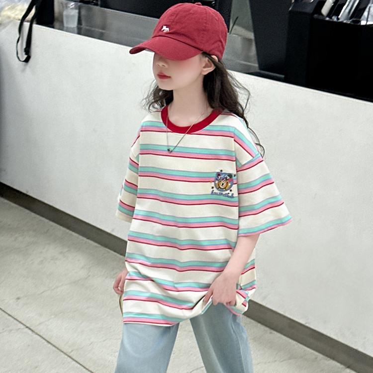 Girls' Summer Retro Striped Short-Sleeved T-Shirt