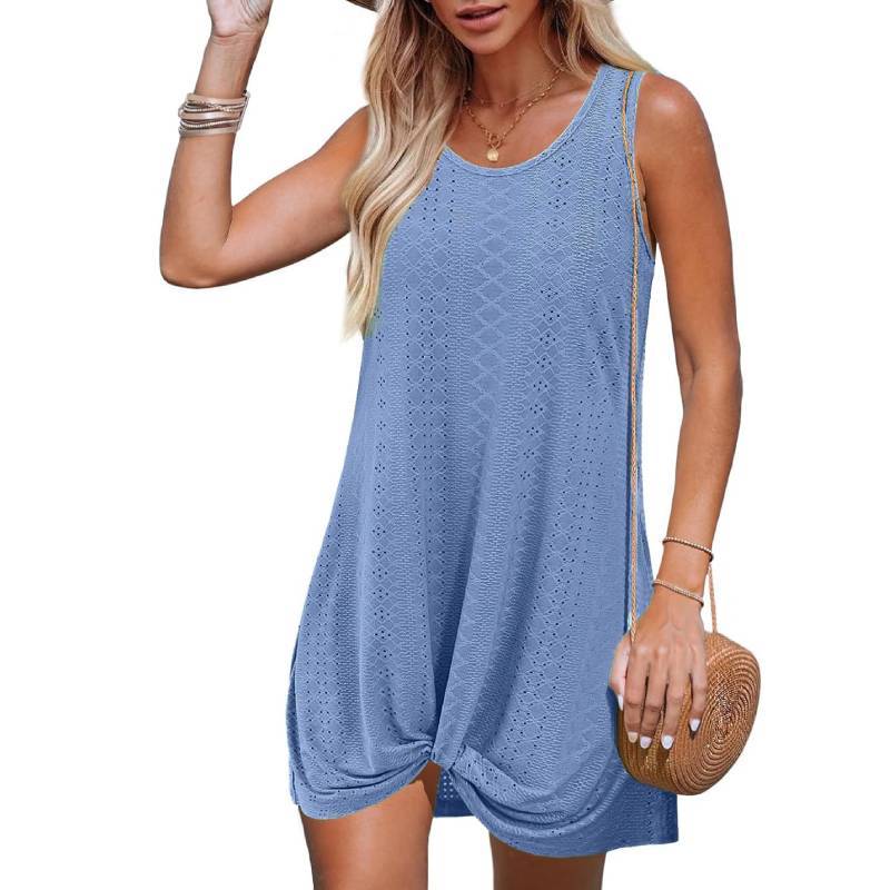 Polyester Splicing Aline Mini Dress With Twist Knot For Summer Beach Vacation Wear