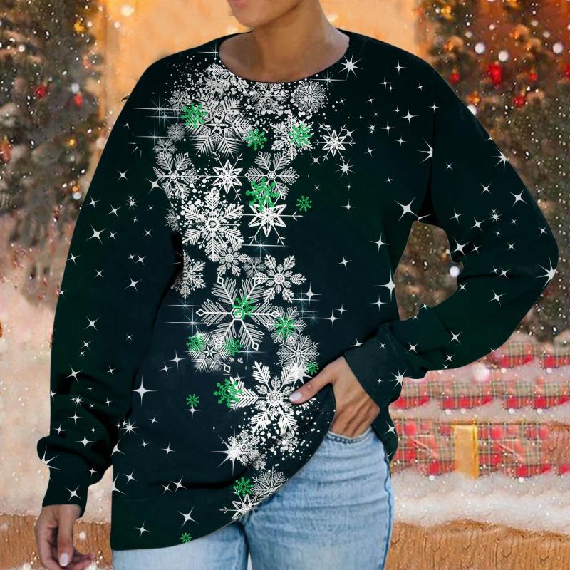 Толстовка с круглым вырезом Рождественская снежинка цифровой принт повседневная весна осень свободная женская толстовка Пуловеры и длинные рукава (Женский)