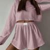2 Pcs/Set Women Top Shorts Suit High Waist Shorts Hollow Out Loose Cropped Blouse Long Sleeves Solid Color Outfit for Sport Jogging Sleeping