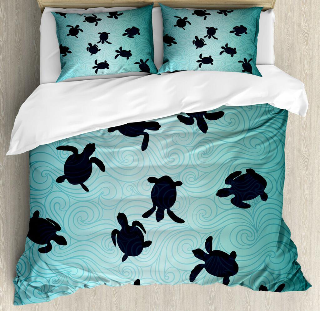Sea Turtle Bedding Ocean Duvet Cover Set Teal Mediterranean Style Marine Theme Design Ocean Bedding Sets Queen King Twin Size