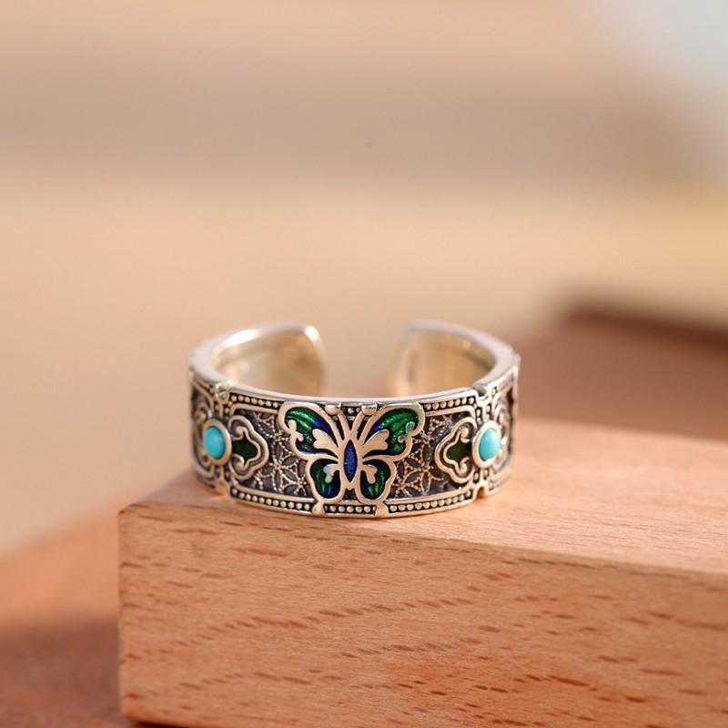 Adjustable Open Ring With Enamel Butterfly Natural Turquoise Stone Vintage Bohemian Style Copper Jewelry Women Men