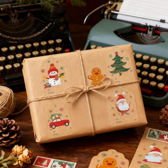 500 шт./рулон Рождественские подарочные бирки Мультяшный Санта Снеговик Олень Елка Кому и от Именные бирки Сделай сам Коробка для подарка Поздравительная открытка Конверт Самоклеящаяся этикетка