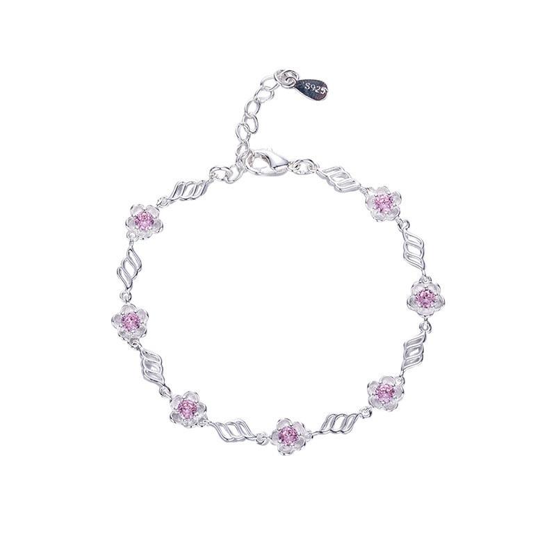 Sweet Pink Zircon Sakura Flower Charm Bracelets for Women INS 925 Sterling Silver Bracelet Wedding Party Jewelry