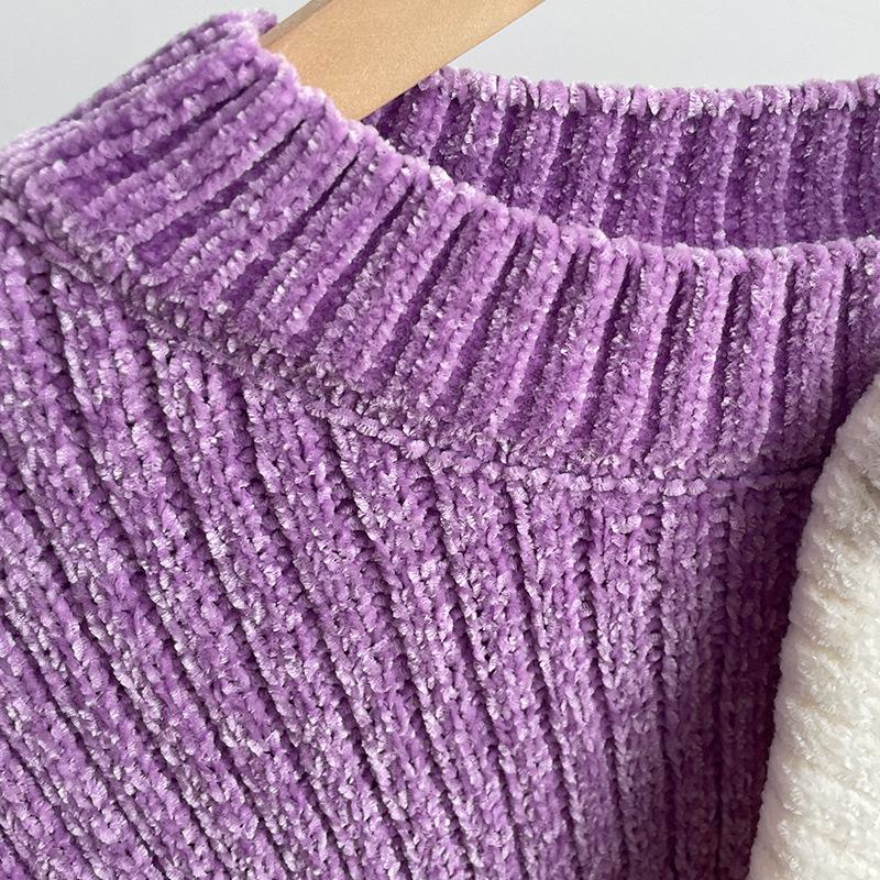 Женский короткий однотонный вязаный свитер с круглым вырезом и длинными рукавами из шенилла, свободный базовый свитер