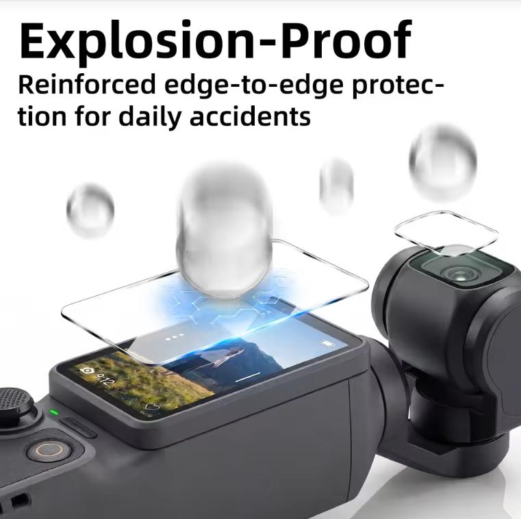 Набор аксессуаров для DJI OSMO Pocket 4: защитная пленка для экрана, защитный чехол для объектива, сумка для хранения, нейтральный фильтр и штатив-палка для селфи.