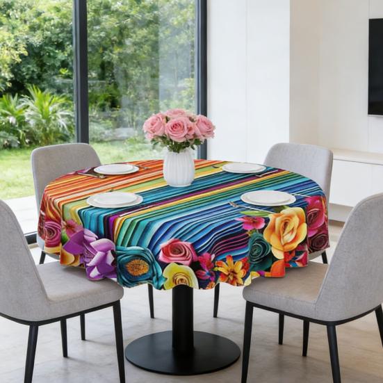 Мексиканская скатерть с цветочным принтом, круглая, с фестончатым краем, красочная скатерть с узором в стиле народного искусства для дома, фермерского дома, обеденного стола