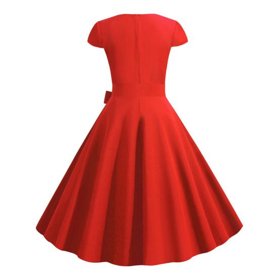 Женское платье с V-образным вырезом и поясом с бантом, декор трапециевидной формы, большие качели, обтягивающее платье с высокой талией, сплошной цвет, ретро, ​​с коротким рукавом, женское платье миди в стиле принцессы