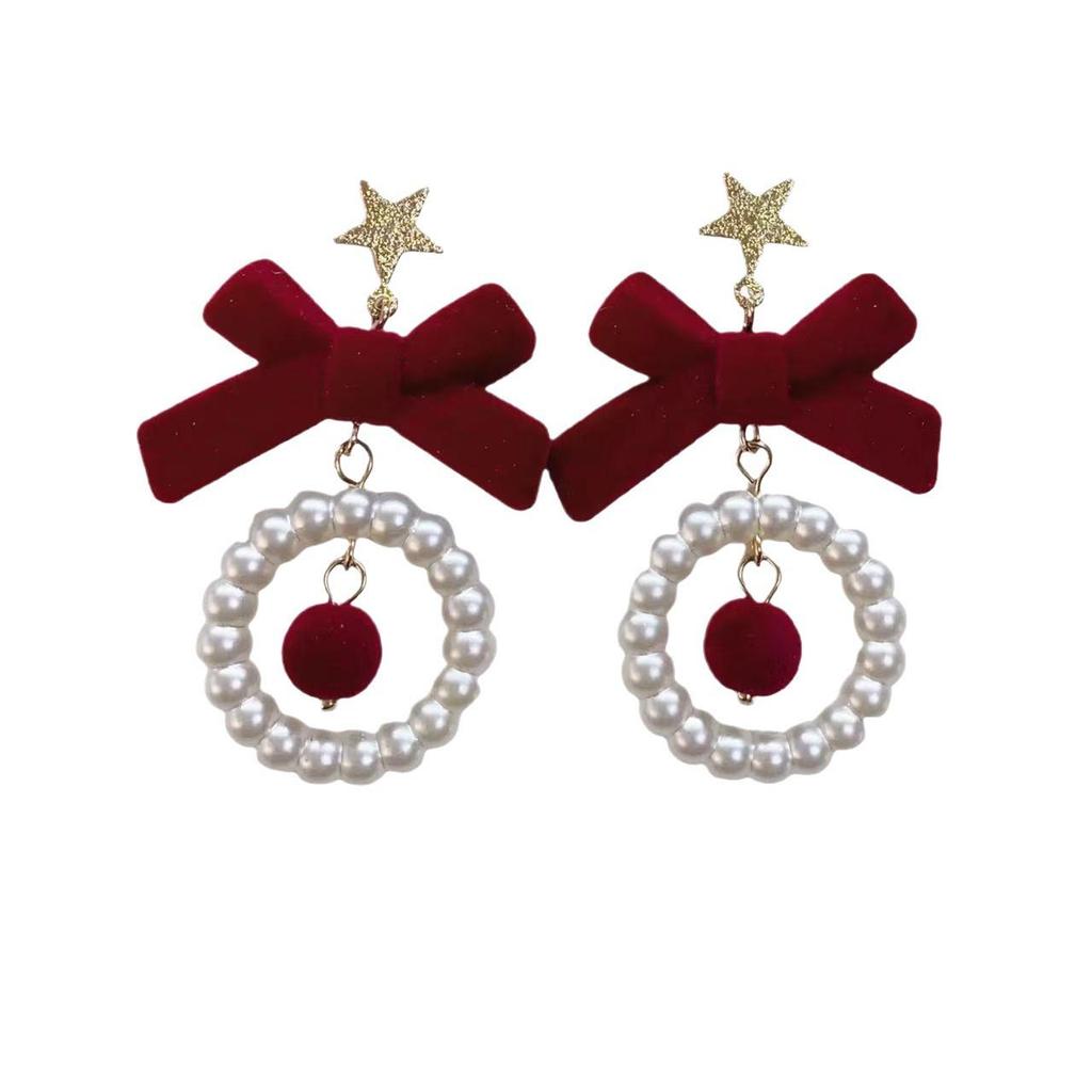 Праздничные серьги-пусеты из красного бархата с бантом и жемчугом