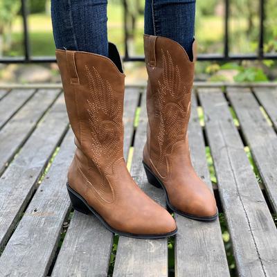 2024 Классические вышитые ковбойские сапоги в стиле вестерн для женщин Кожаные ковбойские сапоги на низком каблуке Женские сапоги до колена Размер 36-43