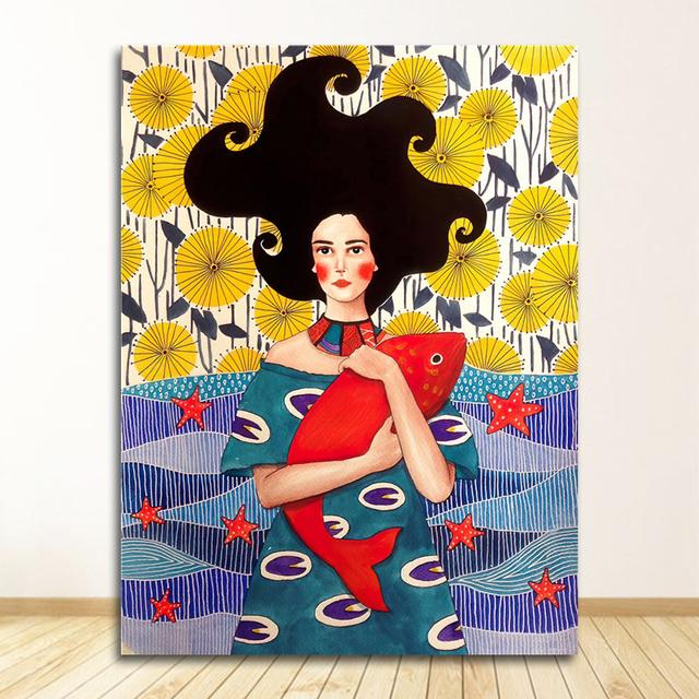 Настенные панно Cuadros для гостиной, винтажные без рамы, абстрактные красочные девушки, настенная живопись на холсте, плакат на скандинавскую тему, цветочные волосы