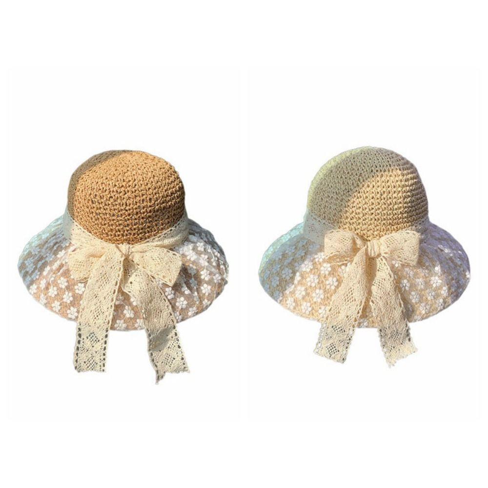 Вязаная шляпа из соломы с бантом, кружевная пляжная шляпа-ведро, элегантная солнцезащитная шляпа, летняя