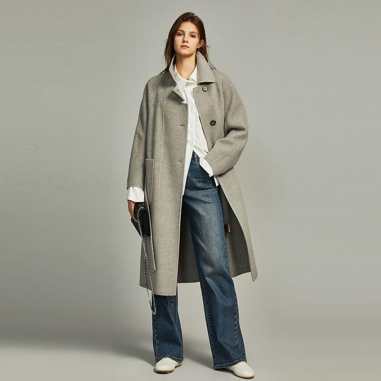 ELLE Однотонное пальто с лацканами, однобортное, средней длины, с длинным рукавом, женское, серое EN36131
