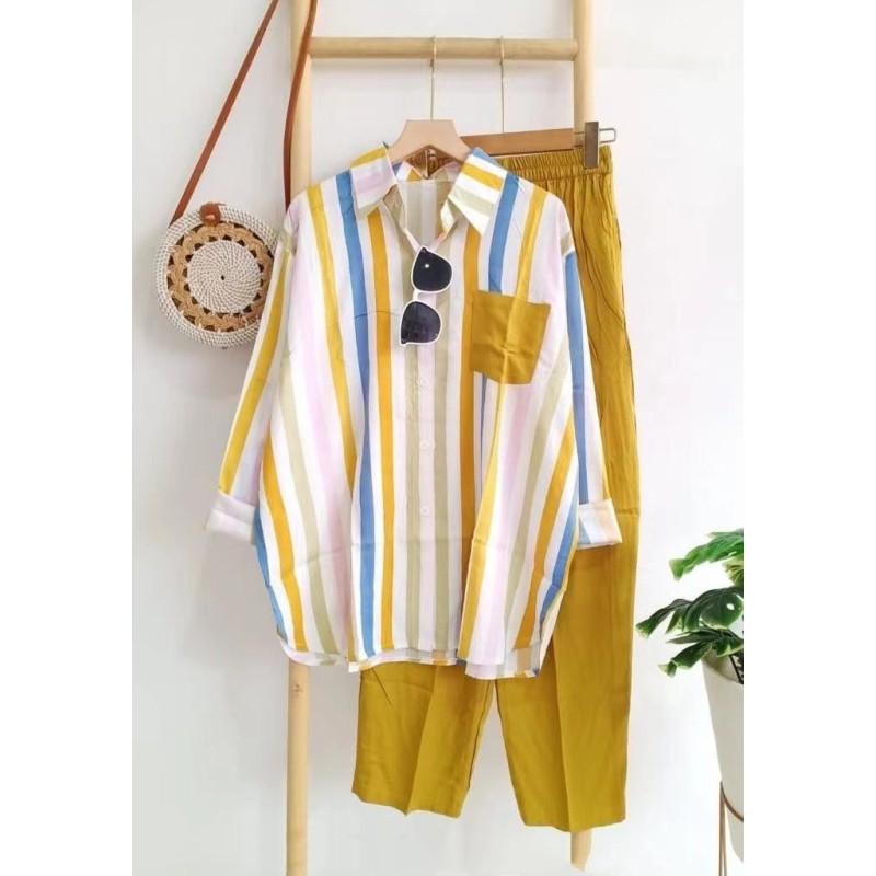 Летний женский дышащий комплект, повседневный, полосатый, свободный, пляжный, дорожный комплект, топ с длинным рукавом и брюки, комплект из 2 предметов