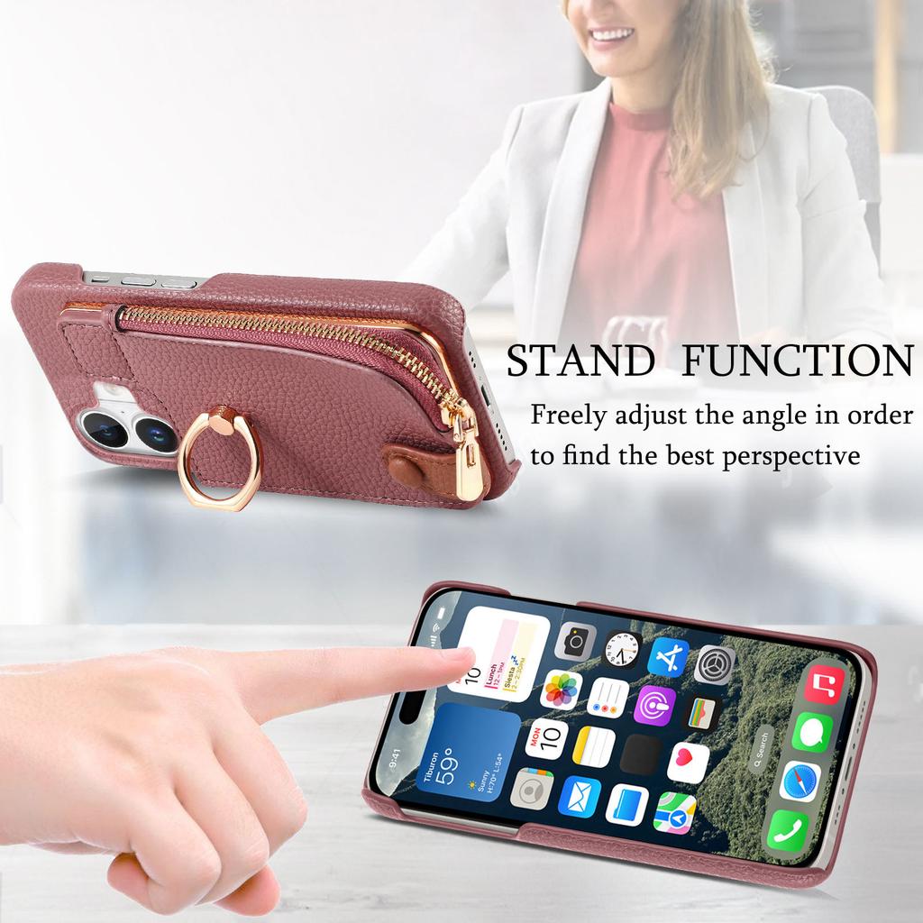 Y3 For iPhone 16 Case Card Holder Kickstand Leather+TPU Phone Cover with Zipper Pocket - Purple