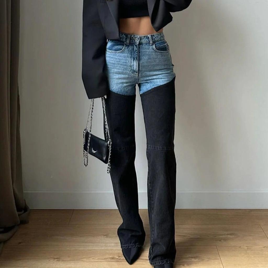 Patchwork Jeans for Women Straight High Waist Zipper Pockets ,Long Denim Pants ,Spring Lady Fashion High Street Trouser