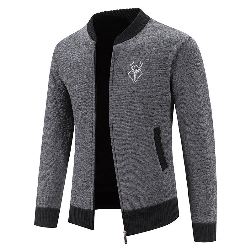 Мужской вязаный кардиган с воротником бейсбол: Толстый бархатный зимний свитер-жакет с длинными рукавами и вышивкой.