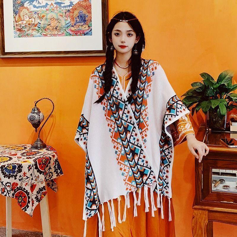 Свитер-плащ осенне-зимняя накидка для женской верхней одежды в полоску вязанной вязки