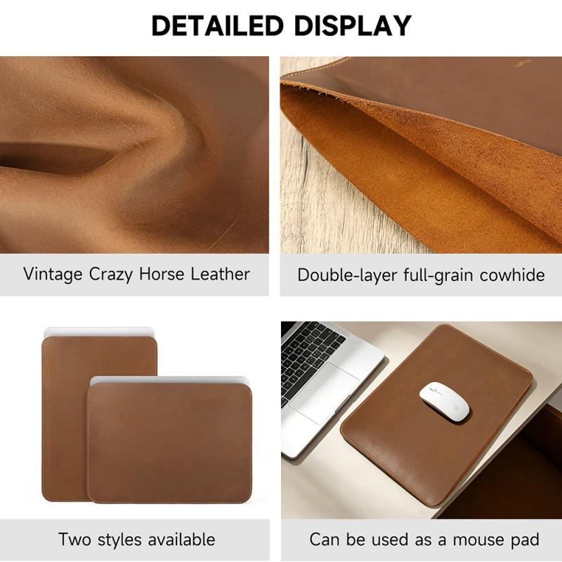 Vintage Crazy Horse Leather Laptop Sleeve 13 Inch Mens Protective Inner Case Shockproof Water Resistant