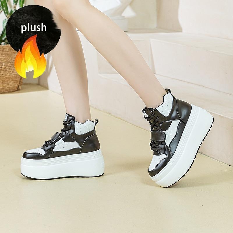 Fujin 8 см из синтетической натуральной кожи, женские кроссовки на платформе до щиколотки, женская обувь, весенне-осенние теплые зимние армейские ботинки на меху, ботильоны