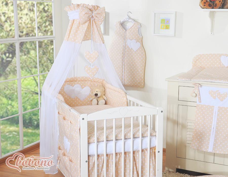 5-Piece Bedding Set 120X90 With Canopy - Hanging Hearts White Polka Dots On Beige
