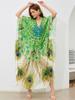 EDOLYNSA Плюс размер кафтан богемный зеленый павлин с принтом летнее длинное пляжное платье женская домашняя одежда наряд купальный костюм накидка свободный кафтан