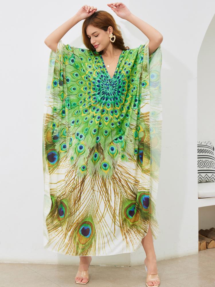 EDOLYNSA Плюс размер кафтан богемный зеленый павлин с принтом летнее длинное пляжное платье женская домашняя одежда наряд купальный костюм накидка свободный кафтан
