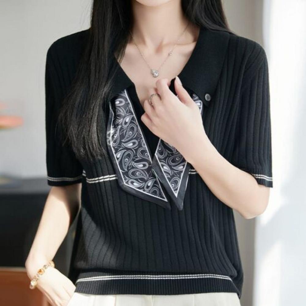 Navava Women Ribbed Scarf Collar Neck ShorT Sleeve KniT T Nk3630