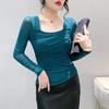 New Spring Clothing Slim Sexy Mesh Pleated Square Collar Long-sleeved T-shirt Women's Pullover Base Shirt