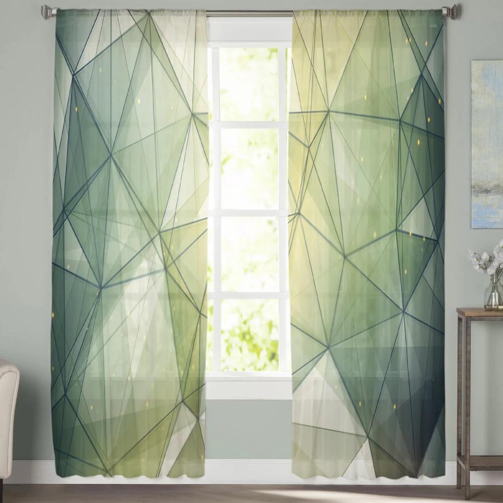 Dark Green Triangle Irregular Graphic Chiffon Sheer Curtains ideal for Living Room Bedroom Home Decoration Window Opening Voiles Tulle Drape