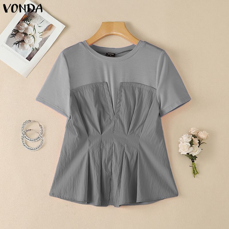 VONDA Женская блузка с круглым вырезом и коротким рукавом, повседневная, пэчворк, плиссированная, с баской, топы