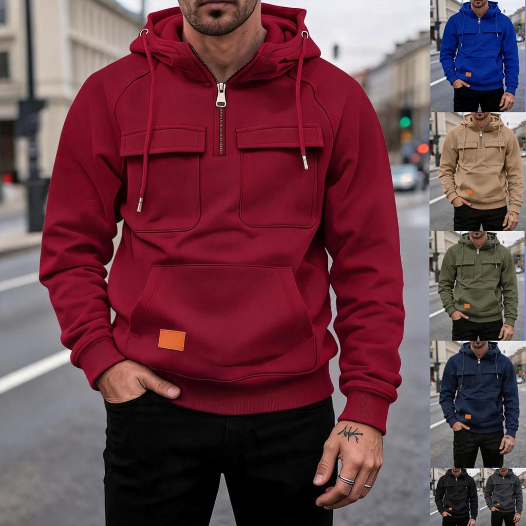 Men's Quarter Zip Hoodie, Half Zip Pullover Sweatshirt with Chest Pockets & Patch Logo, Casual Streetwear for Men