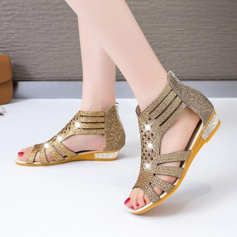 Модные женские босоножки на молнии, римские босоножки на танкетке, открытые босоножки на плоской подошве с открытым носком, летние женские туфли Femmes Été 2024