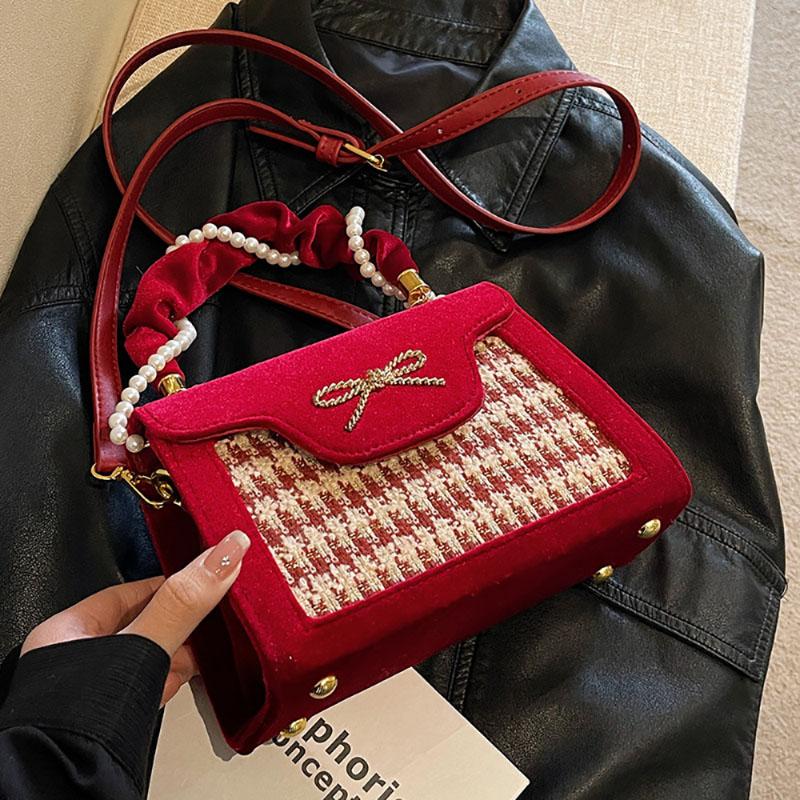 Роскошная красная клетчатая сумка-бант через плечо с жемчужно-бархатной текстурой, женская весенняя новая сумочка, простая модная темпераментная свадебная сумка