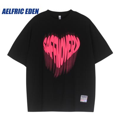 Футболка свободного покроя Aelfric Eden Foam Heart Print Oversize Streetwear Hip Hop Love Heart Letter Print Tee Short sleeve Harajuku Casual Cotton