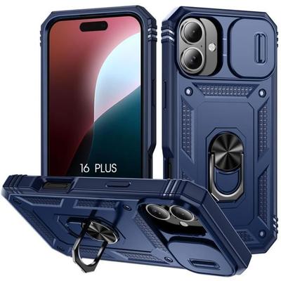 Защитный чехол для iPhone 16 Plus - BOOLING - Жесткий - Ударопрочный - Темно-синий - Поворотная подставка-кольцо