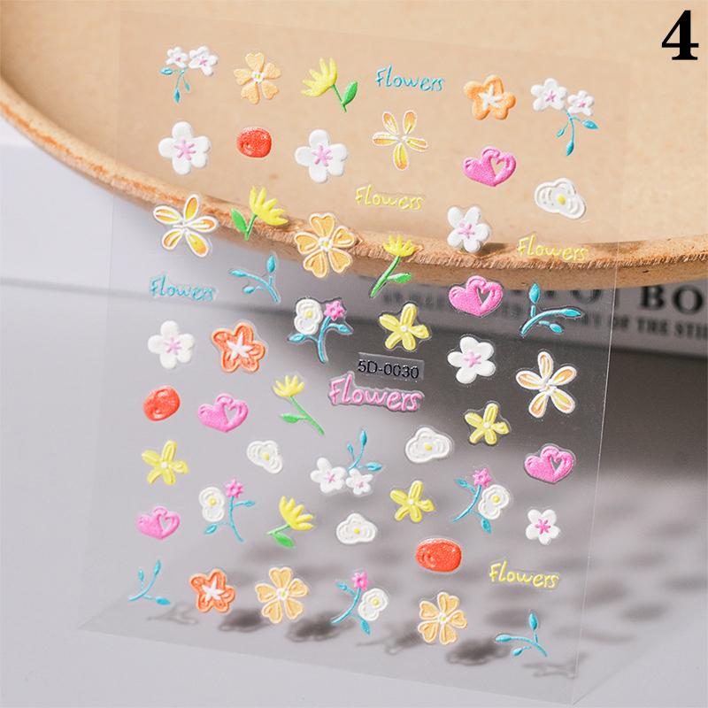 Dopamine Colored Relief Nail Stickers Cartoon Line Flower Pink Sweet Style Cute Nail Sticker Nail Art Diy Decoration