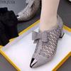Rhinestone Block Heel, Pointed Toe, Black Butterfly Fashion Mesh Cutout Women's Fashion Shoes
