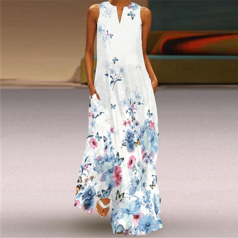 2026 summer women's fashion and sexy digital printing long dress V-neck sleeveless pocket European and American dress S-5XL