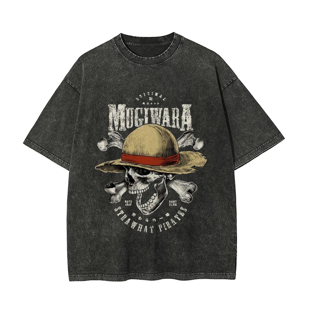 Mens Tshirt One Piece Anime Luffy Mugiwara Straw Hat Print Washed Cotton Casual Short Sleeve Tees Summer Streetwear Casual Top