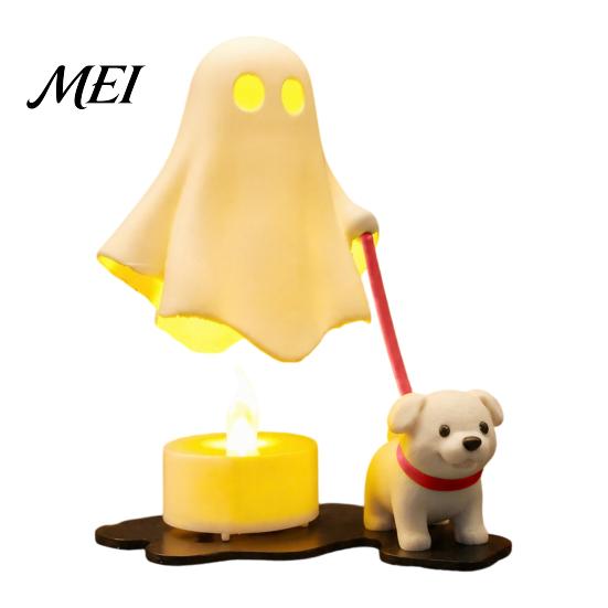 Anthropomorphic Dog Sculpture Halloween Ghost Walking Figurine, Cute Spooky Statue with Creative Table Centerpiece LED Candle, 3D Printed Tabletop