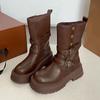 Коричневые Ретро Ботинки на Толстом Каблуке и Толстой Подошве для Женщин Весна Осень Новый Стиль Стройнящие и Увеличивающие Рост Ботинки Средней Высоты Женские