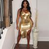 Women's Autumn Hot Gold Sheath Sexy Waisted Hip Irregular Suspender Dress