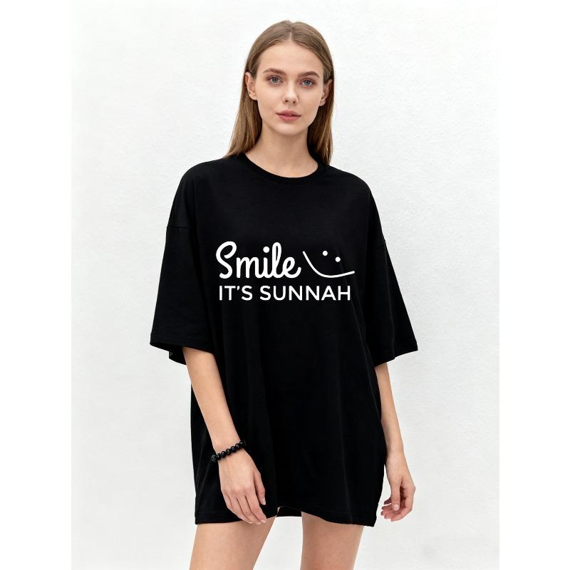Oversized T Shirt Black Smile Its Sunnah Print Casual Wear for Women Daily Outfits Streetwear Fashion Top