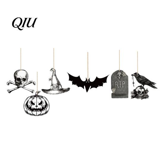 Halloween Decoration Pendant 6Pcs Wooden Hanging Decoration, Ghost Pumpkin Eyeball Ornament with Rope, Spooky Holiday Party Decor